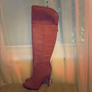 Dusty rose stiletto knee high boots